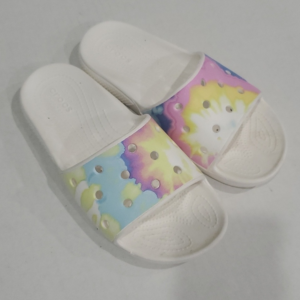 Crocs Iconic Comfort Slides Women's Sz 6 White Pastel Tie Dye Pink Yellow Blue